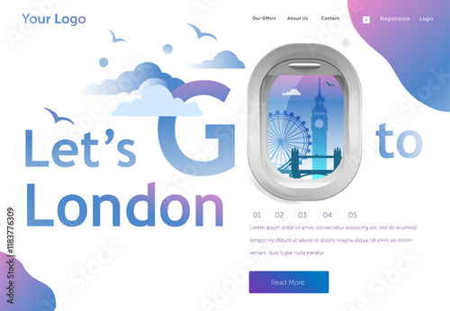 Landing page template for your holiday flight to London. Banner, site, poster template. Travel and tourism concept for website template. Vector illustration.
