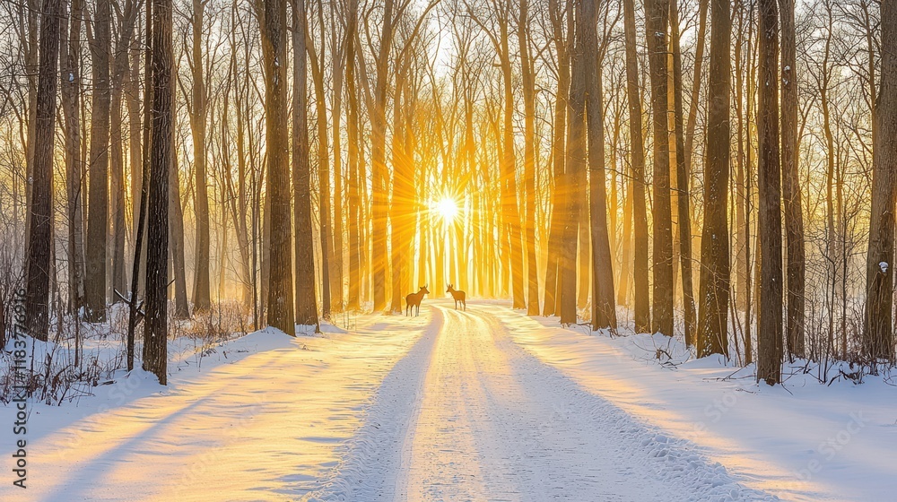 Scenic views of a winter sunrise adventure in a snowy forest Scenic views of a winter sunrise adventure in a snowy forest