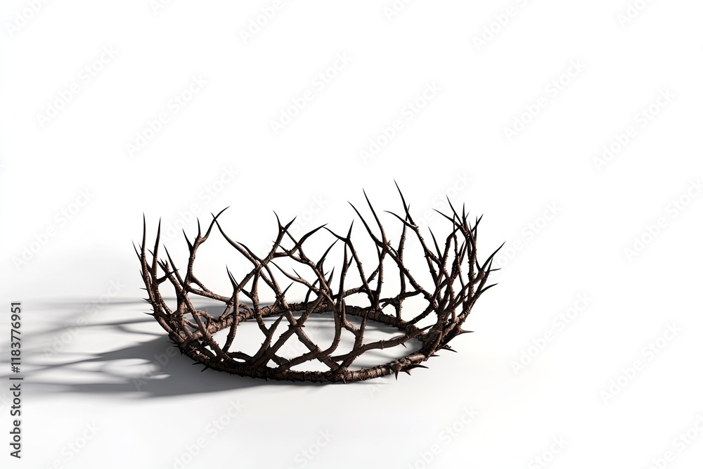 Fototapeta premium Branches of thorns woven into a crown depicting the crucifixion casting a shadow on isolated white background - 3D render 