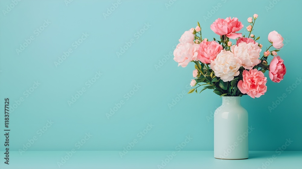 Obraz premium Soft Pink Flowers in a Mint Green Vase Against a Bright Turquoise Background for a Fresh and Modern Interior Decor Style