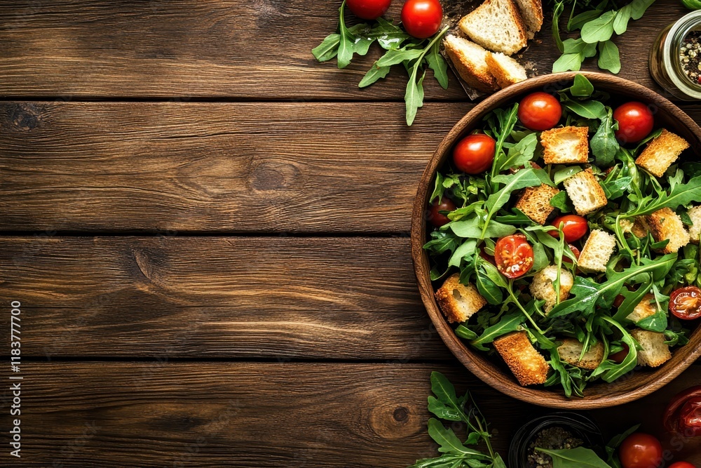 Tuscan bread and tomato salad on wood Vegetarian Mediterranean dish Aerial view Tuscan bread and tomato salad on wood Vegetarian Mediterranean dish Aerial view