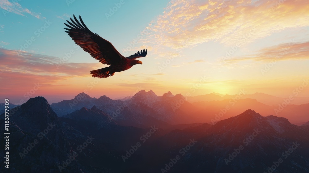 Fototapeta premium An eagle soars against a colorful sunset, with mountains in the background, capturing the essence of freedom and nature's beauty.