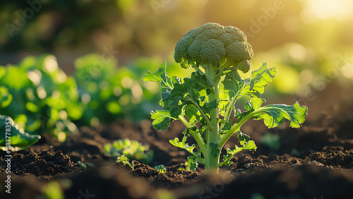 A broccoli plant showing signs of nutrient deficiency in overworked soil