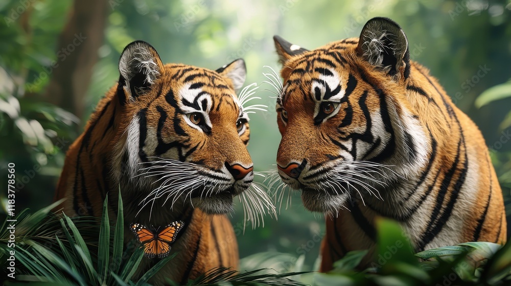 Two majestic tigers share a moment in a lush, green jungle, showcasing their striking features and vibrant colors amidst a natural setting. Two majestic tigers share a moment in a lush, green jungle, showcasing their striking features and vibrant colors amidst a natural setting.