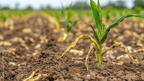 A corn plant showing signs of poor growth from compacted soil, photo