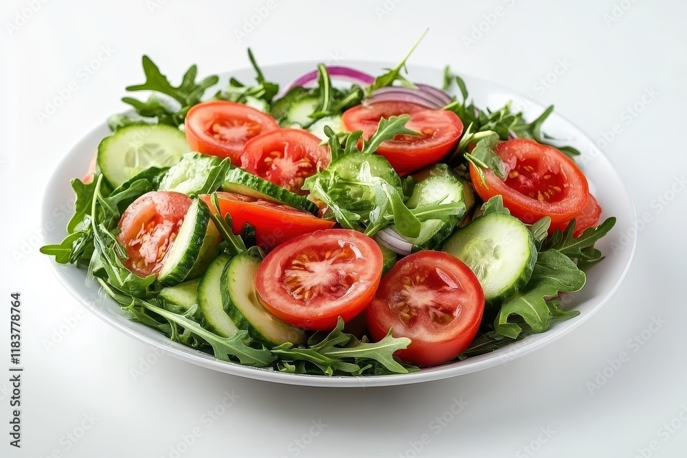 Vegan veggie salad featuring tomatoes arugula cucumbers and onion set against a vibrant backdrop