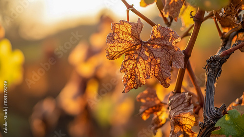 A grapevine with shriveled leaves due to lack of water, with the vineyard softly blurred