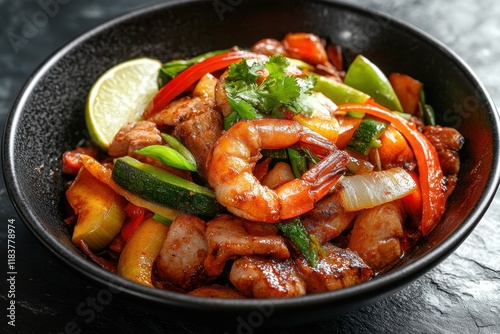 Veggie Thai stir fry in a black bowl on a dark slate surface A vegetarian Thai dish featuring a variety of vegetables and sauces Aerial view photo