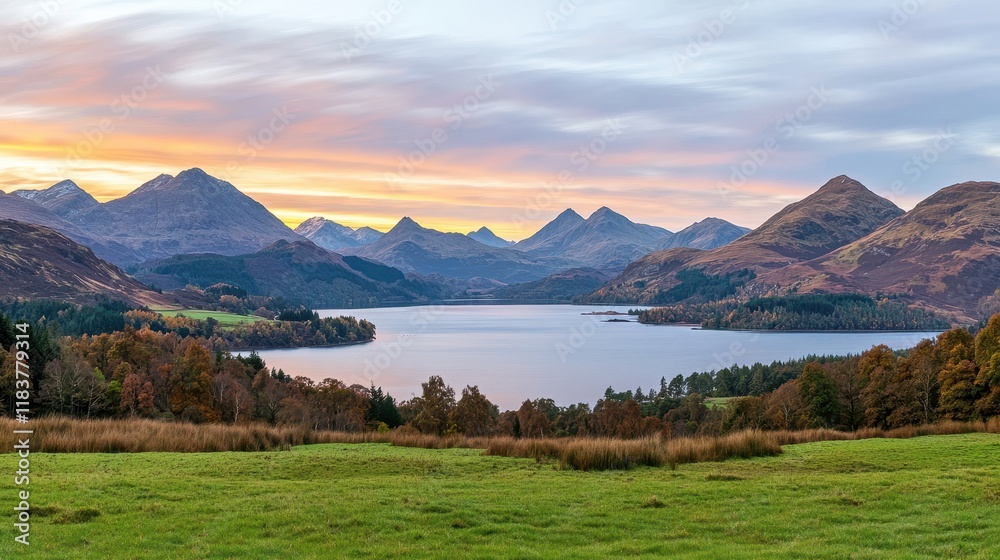 Naklejka premium A serene landscape featuring mountains, a tranquil lake, and lush greenery under a colorful sunset sky.