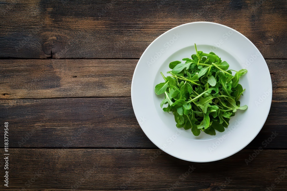 Vibrant rocket salad on a white plate Healthy option on wood surface Space for text Vibrant rocket salad on a white plate Healthy option on wood surface Space for text