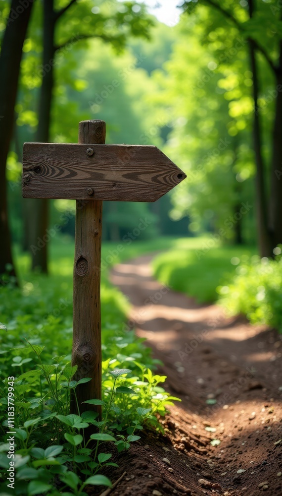 Wooden arrow sign post on a dirt path with trees surrounding it , trees, dirt path, wooden arrow Wooden arrow sign post on a dirt path with trees surrounding it , trees, dirt path, wooden arrow
