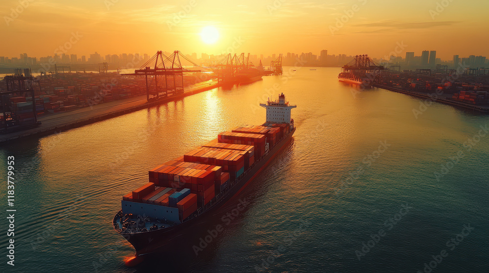 Naklejka premium A cargo ship loaded with containers was parked at the port. The sun is setting over an industrial city