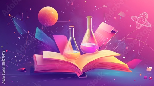 Academic explosion from book pages, stem education concept, cosmic background, laboratory flasks, planetary objects, school essentials, geometric patterns, dynamic motion lines, soft pink to purple