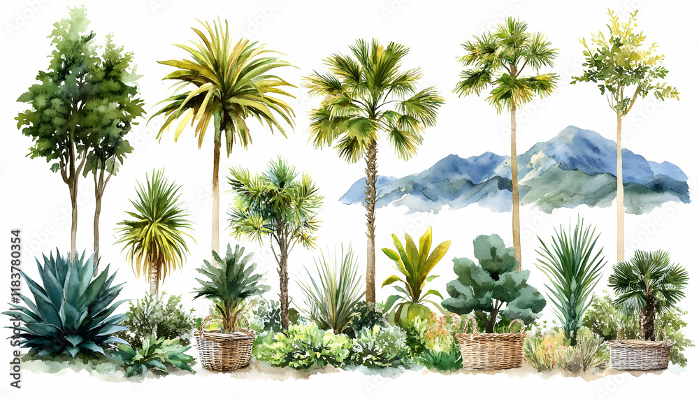Fototapeta premium Tropical plants watercolor, mountain backdrop, design
