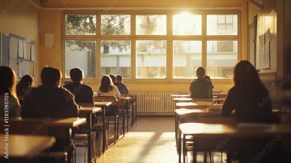 Fototapeta premium School learning environment, attentive students at desks, teaching moment capture, warm sunlight through windows, pastel color palette, educational interior, candid classroom photography, soft focus