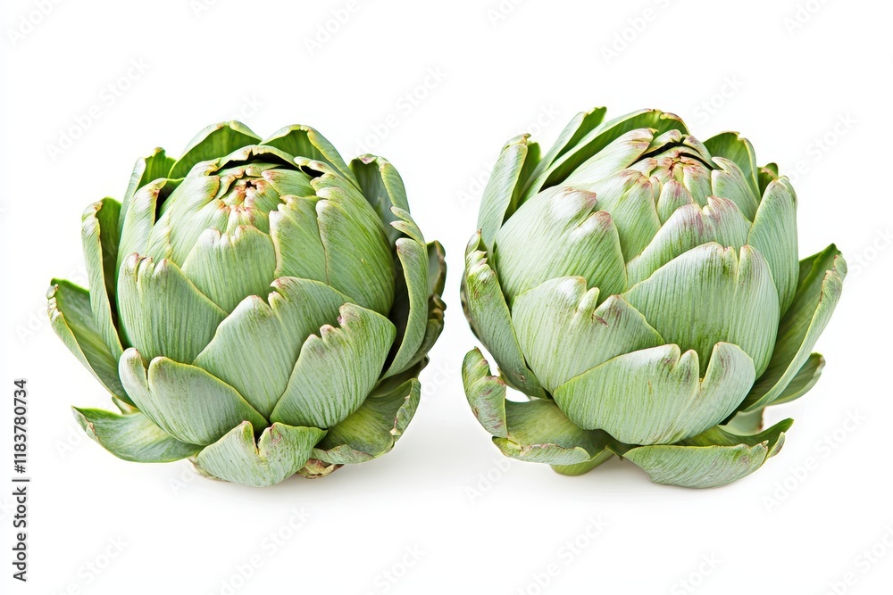 Fototapeta premium Whole raw green artichokes on a white background organic edible flower buds