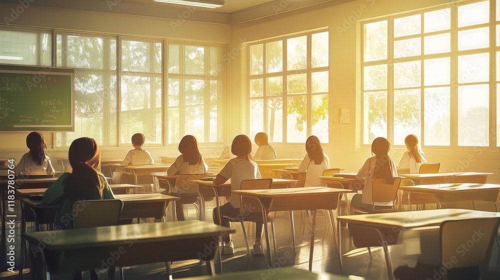School learning environment, attentive students at desks, teaching moment capture, warm sunlight through windows, pastel color palette, educational interior, candid classroom photography, soft focus School learning environment, attentive students at desks, teaching moment capture, warm sunlight through windows, pastel color palette, educational interior, candid classroom photography, soft focus