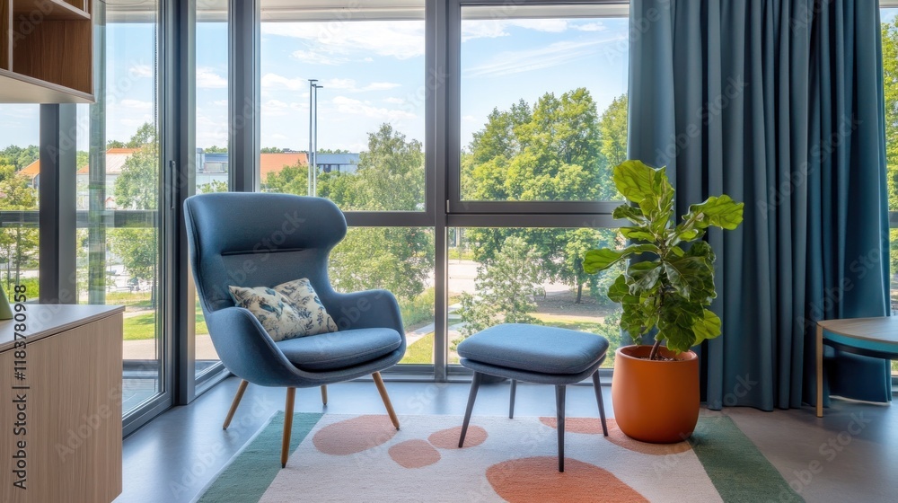 Fototapeta premium Serene Apartment Interior with Modern Chair and Lush Greenery