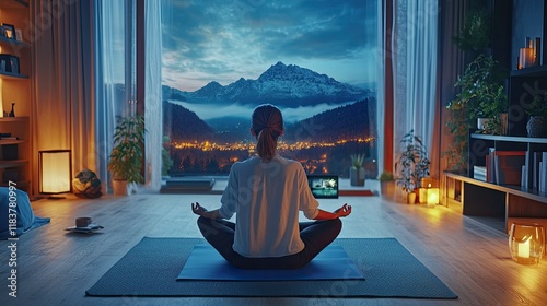 Evening Serenity: Woman Meditating with Mountain View