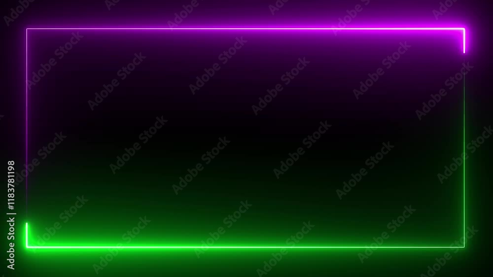 Neon rectangle frame icon animation on black background. rectangular frame made of two moving neon lights overlay. Rectangle photo frame with neon color motion graphic.