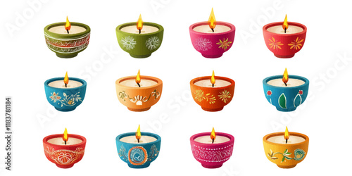 Set of Indian festival candles on white background.