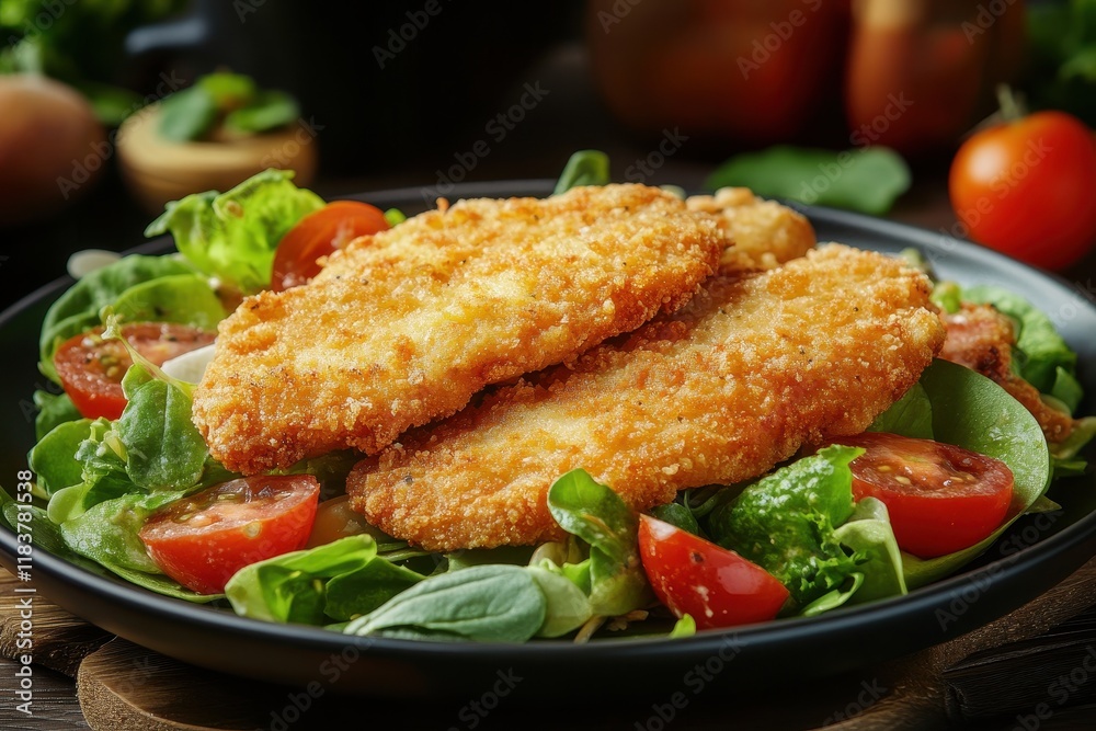 Wooden table with fried chicken and veggies in a Caesar salad Wooden table with fried chicken and veggies in a Caesar salad