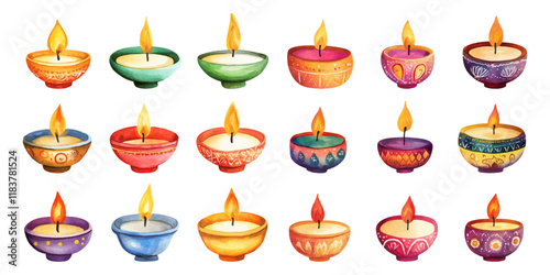 Set of watercolor Indian festival candles on white background.