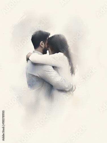 A tranquil watercolor of a man and woman in a deep hug on a snowy evening. The focus is on the closeness of their bodies, with no visible faces. Soft washes of white and gray conve photo