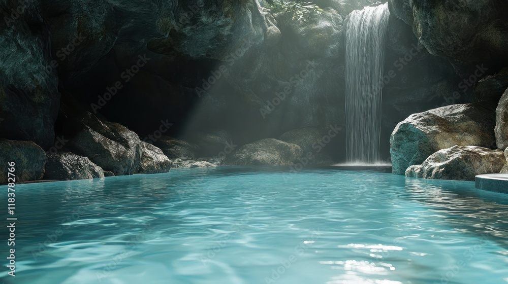 Fototapeta premium Serene Waterfall Cave Pool: A Tranquil Oasis
