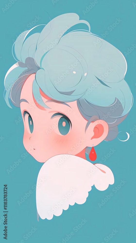 Cute girl aqua hair profile portrait, teal background, digital art illustration. Cute girl aqua hair profile portrait, teal background, digital art illustration.
