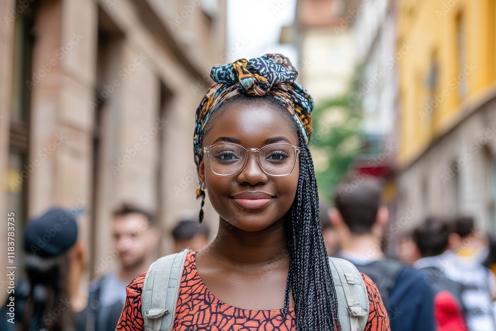 Fototapeta premium Attractive African female student with international peers outside in the city during summer