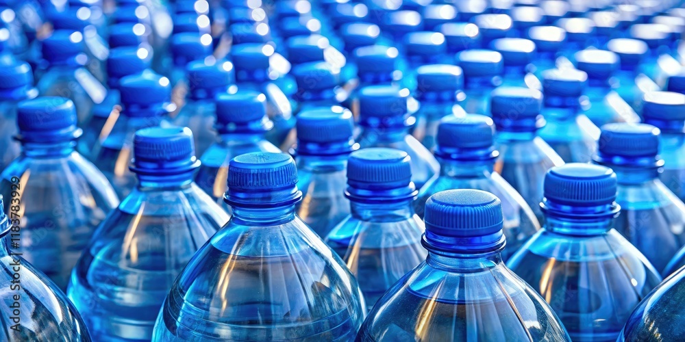 Close-up:  Neat rows of blue-capped water bottles; recycled plastic necks gleam.