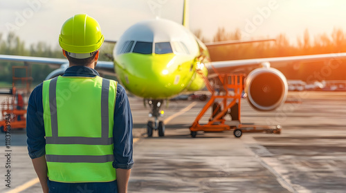 Airport technician inspecting aircraft pre-flight photo