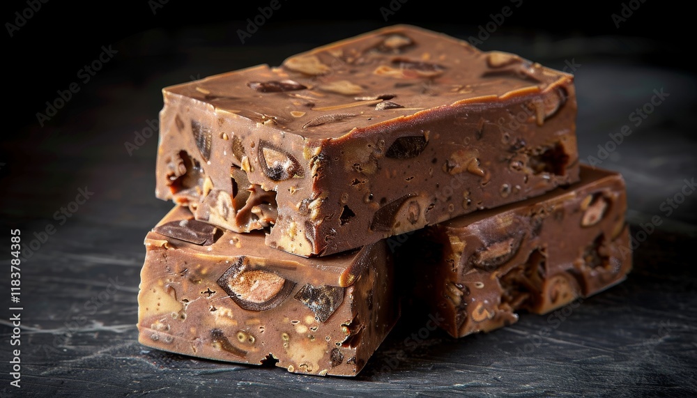 Three pieces of milk chocolate fudge with nuts on a dark background. Three pieces of milk chocolate fudge with nuts on a dark background.