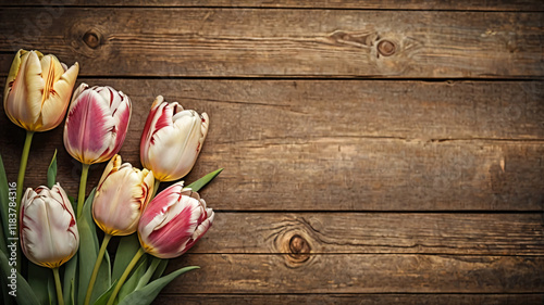 Tulip blossom flowers on vintage wooden background, border frame design.concept flower of spring or summer background