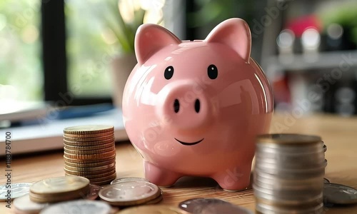 Pink Piggy Bank Savings Goal: A cheerful pink piggy bank sits on a wooden table surrounded by stacks of coins, symbolizing financial security, savings goals, and smart money management.  