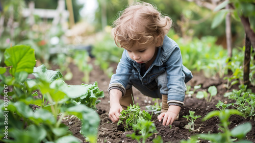 Wallpaper Mural Blond Caucasian child tending plants in the garden on a sunny day Torontodigital.ca