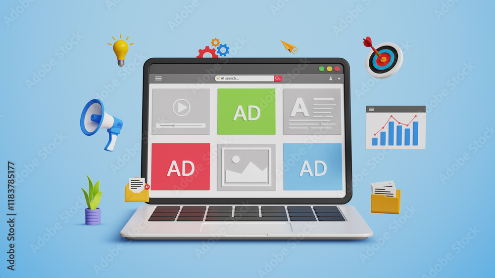 Digital or content marketing, Organic website traffic, SEO optimization or audience reach strategy. Online advertising website interface on 3D laptop with marketing icons Digital or content marketing, Organic website traffic, SEO optimization or audience reach strategy. Online advertising website interface on 3D laptop with marketing icons