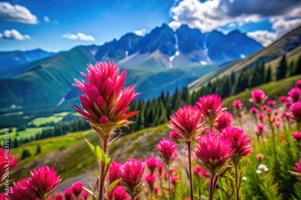 Fototapeta premium Colorado's Vail Mountain explodes with vibrant pink wildflowers, a hiker's paradise in summer.