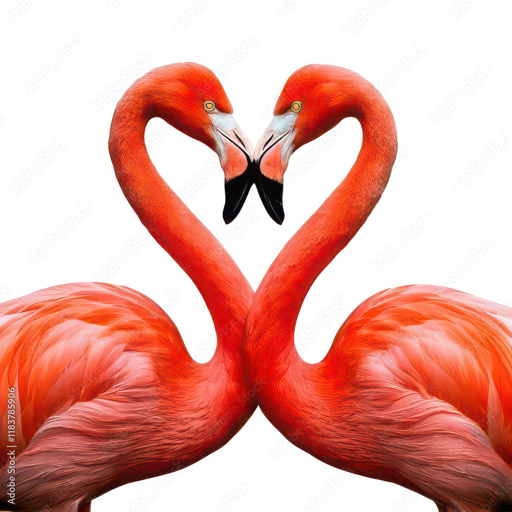 Obraz premium Flamingos forming a heart shape, white isolate background