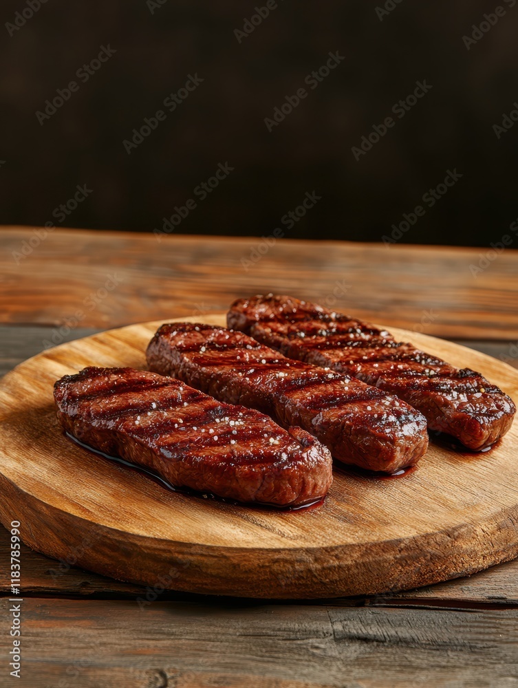 Four juicy grilled steaks are presented on a round wooden cutting board against a dark background, emphasizing the textures and flavors of the meat. Bright grill marks enhance their appeal Four juicy grilled steaks are presented on a round wooden cutting board against a dark background, emphasizing the textures and flavors of the meat. Bright grill marks enhance their appeal