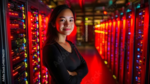 A young woman DBA standing in front of a large server room, surrounded by rows of servers and blinking lights photo