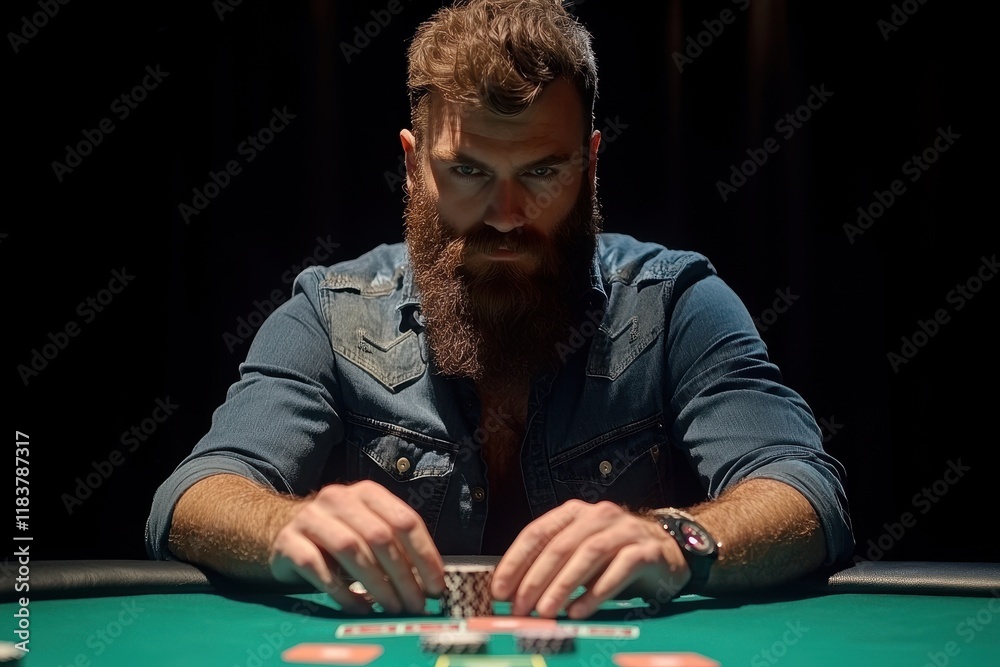 Man with a beard playing poker at a green table Man with a beard playing poker at a green table
