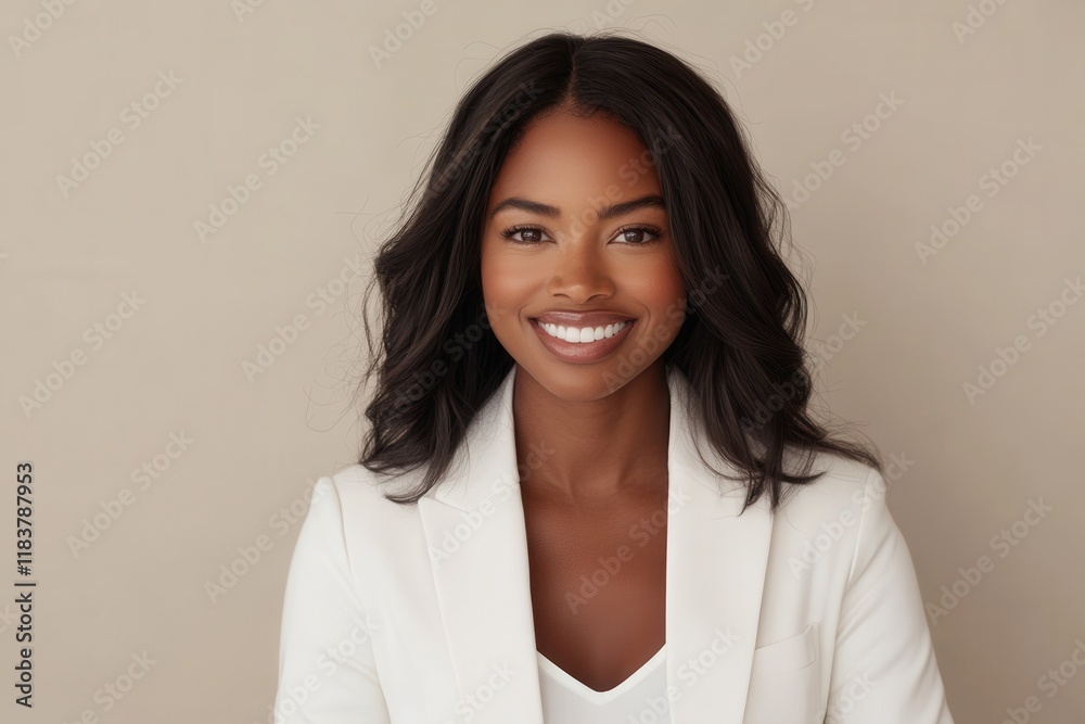 Portrait of a joyful accomplished Black businesswoman in a white jacket smiling against a plain beige background Portrait of a joyful accomplished Black businesswoman in a white jacket smiling against a plain beige background