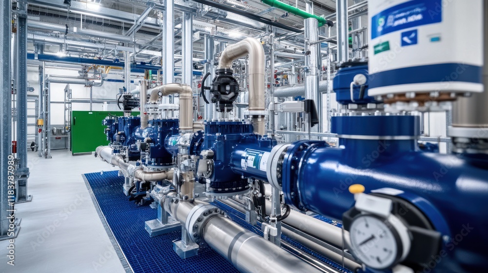 Fototapeta premium Industrial Piping System: High-Tech Facility Interior with Complex Network of Pipes and Valves