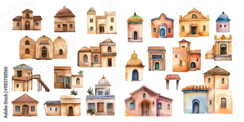 Set of watercolor Indian houses on white background.