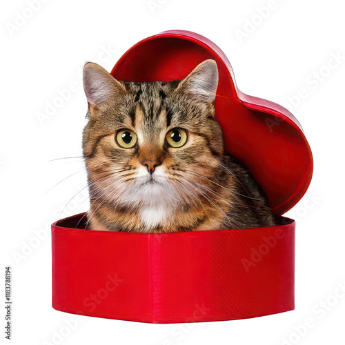 Cat in heart-shaped box, white isolated background