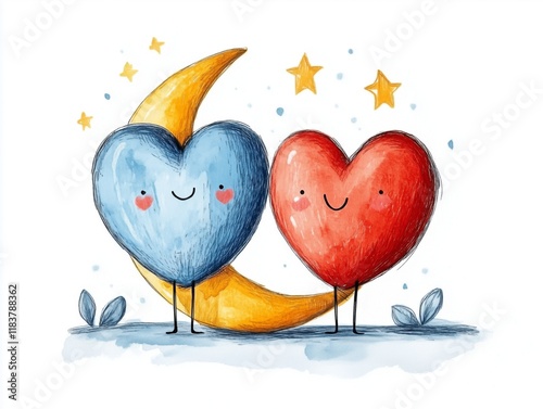 A funny drawing of two heart characters in a romantic moment, gazing at each other. The red heart and cheerful tones Moon and stars highlight the romantic mood and emotional connection.