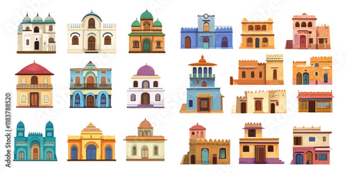 Set of Indian houses on white background.