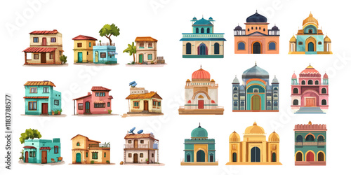 Set of Indian houses on white background.